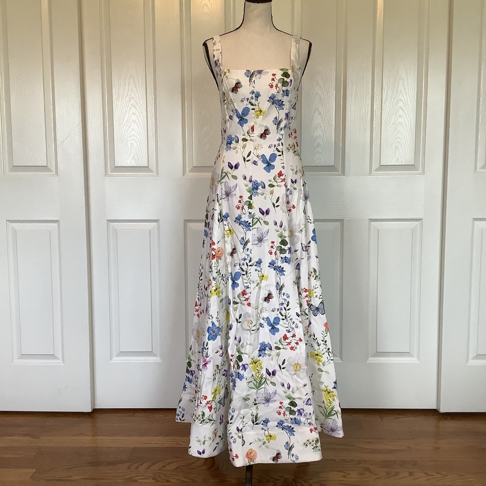 Alice + Olivia Twisting Vines Floral Butterfly Maxi Dress Off White Size O NWT
